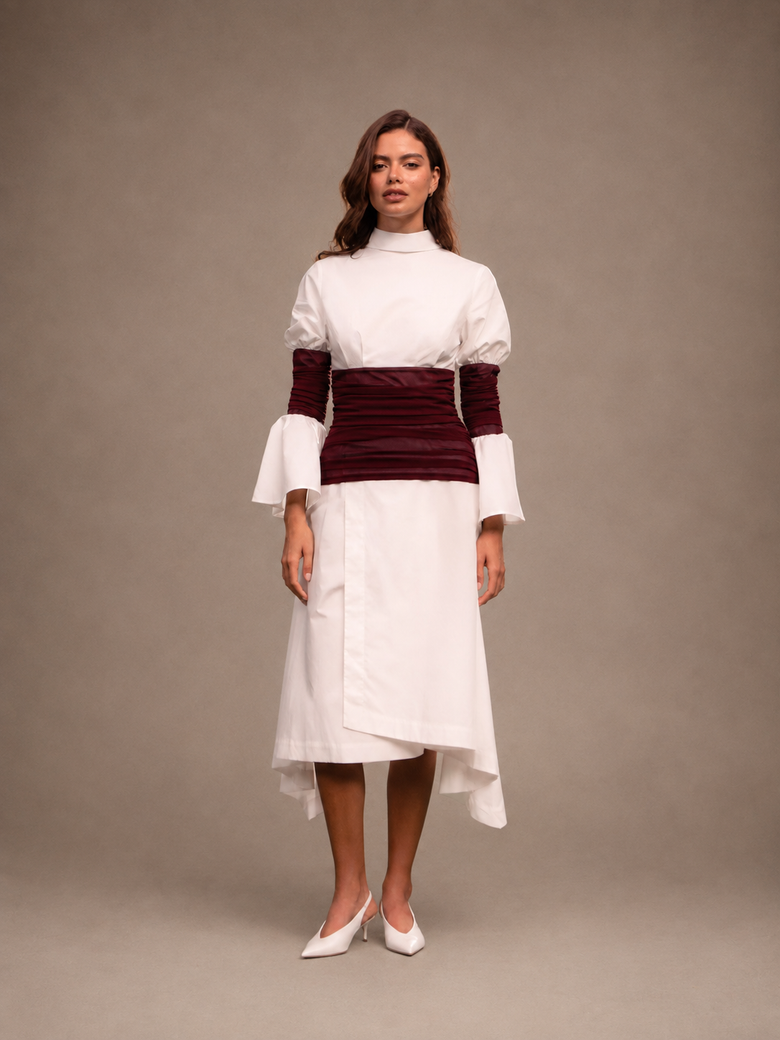 RŪH 03 Draped Waist Dress with a high-neck bodice, sheer wrapped waist, and asymmetric hem
