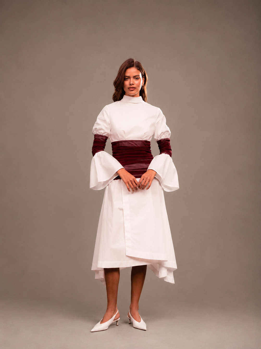 RŪH 03 Draped Waist Dress with voluminous sleeves and a softly draped skirt