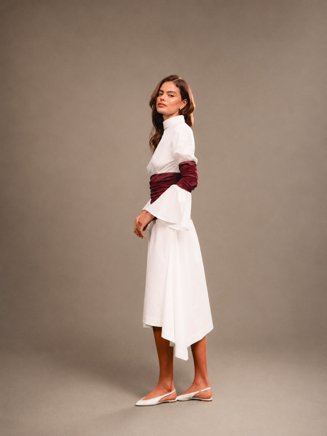 RŪH 03 Draped Waist Dress showing the high neckline and wrapped waist detail