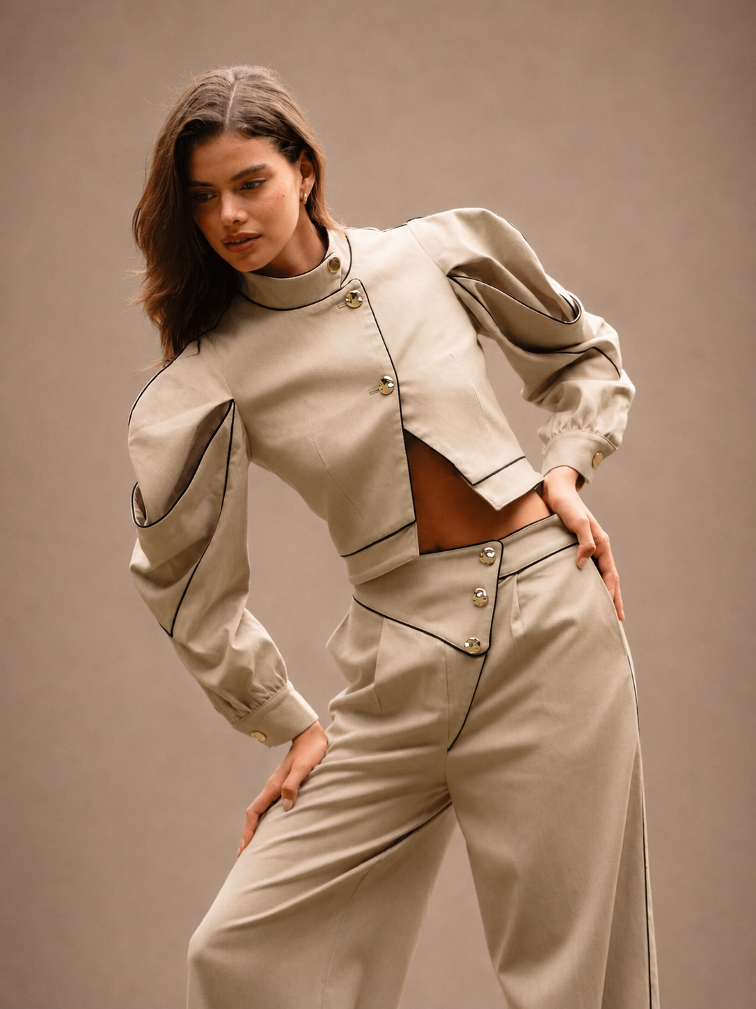 RŪH 02 Sculpted Jacket showing high neckline and refined sleeve shaping
