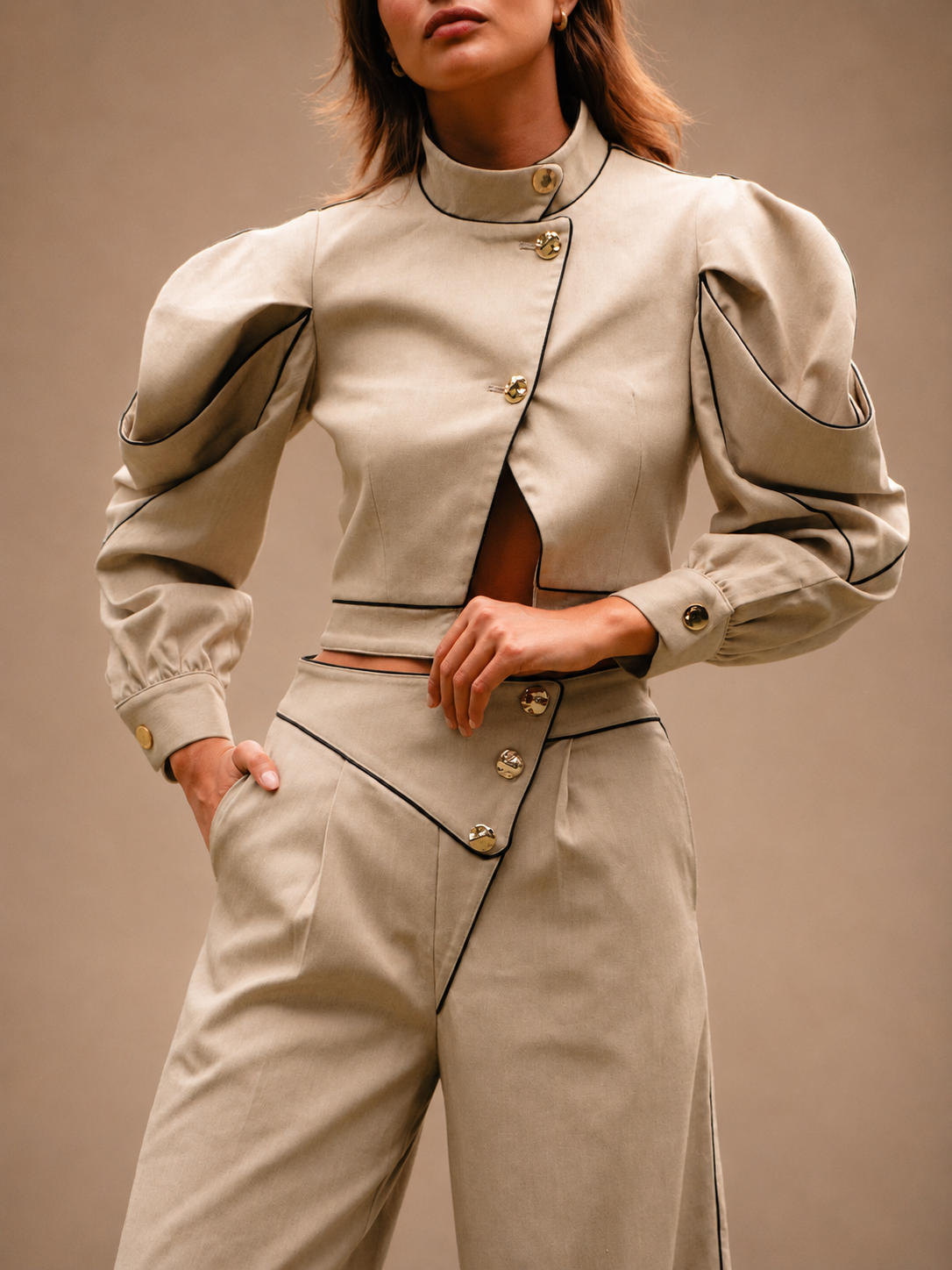 RŪH 02 Asymmetric Trousers with an overlapping waist, gold-tone buttons, and wide leg