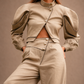 RŪH 02 Asymmetric Trousers showing the asymmetric overlapping waistband