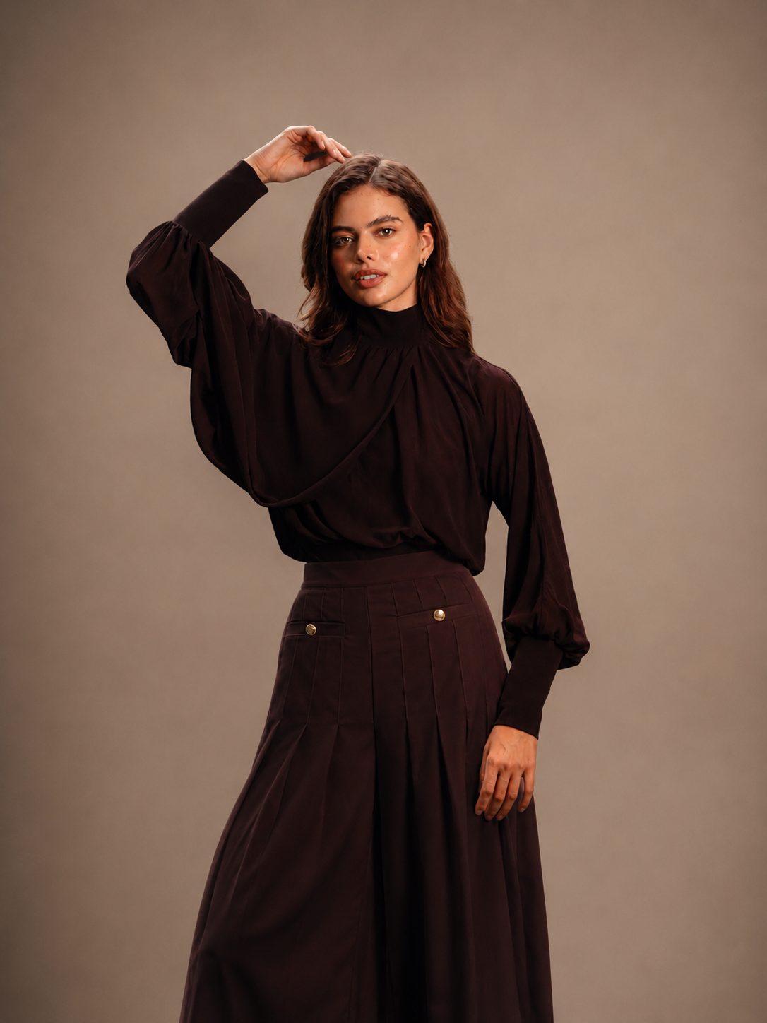 RŪH 05 Gathered Top and Palazzo Trousers coordinated set with draped tailoring