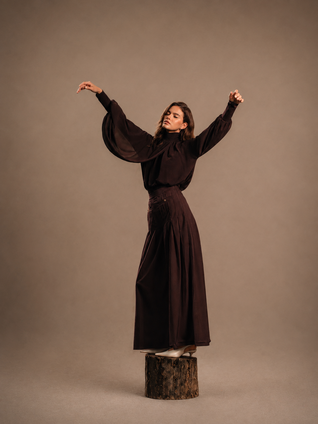 RŪH 05 Gathered Top and Palazzo Trousers coordinated set with draped tailoring