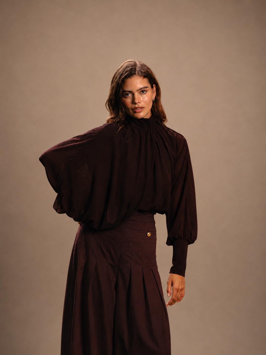 RŪH 05 Gathered Top with a high neckline, draped bodice, and voluminous sleeves