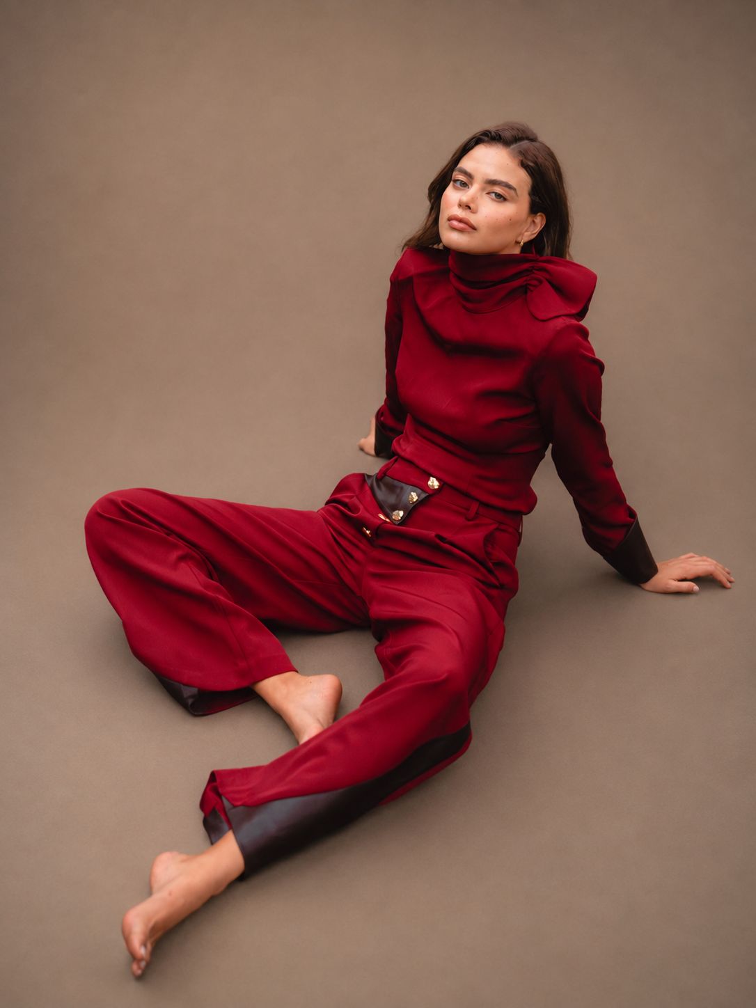 RŪH 04 Leather Trousers with high-rise waist, wide leg, and layered wrap detail