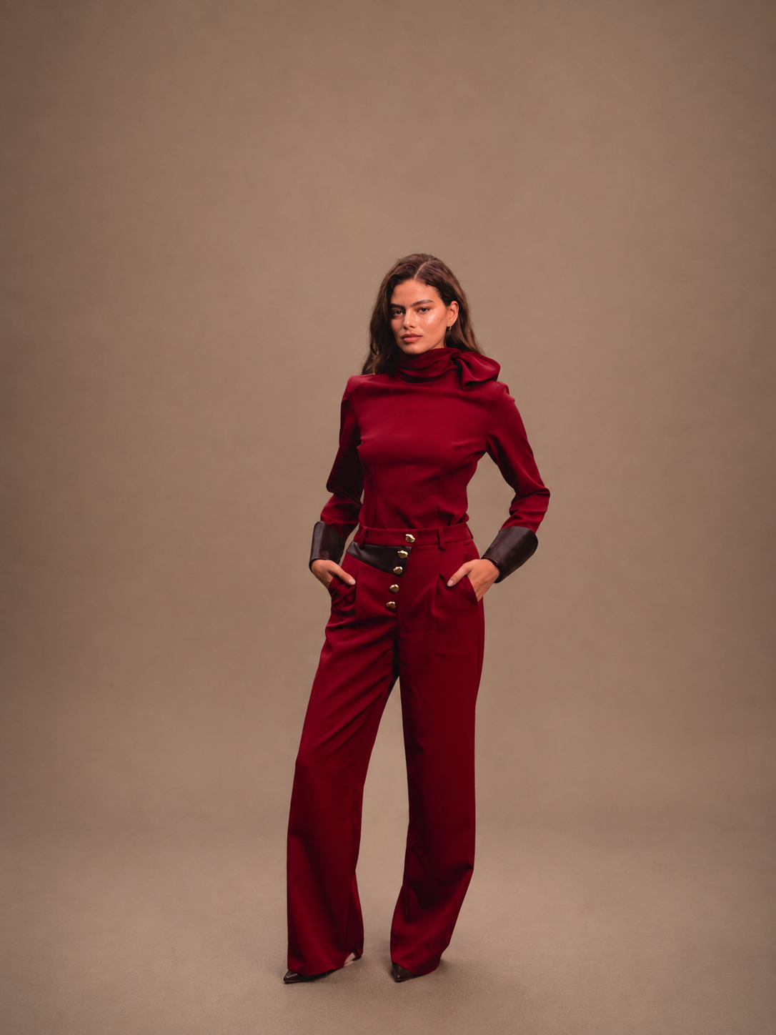 RŪH 04 Leather Trousers editorial view of the layered wrap detail and wide leg