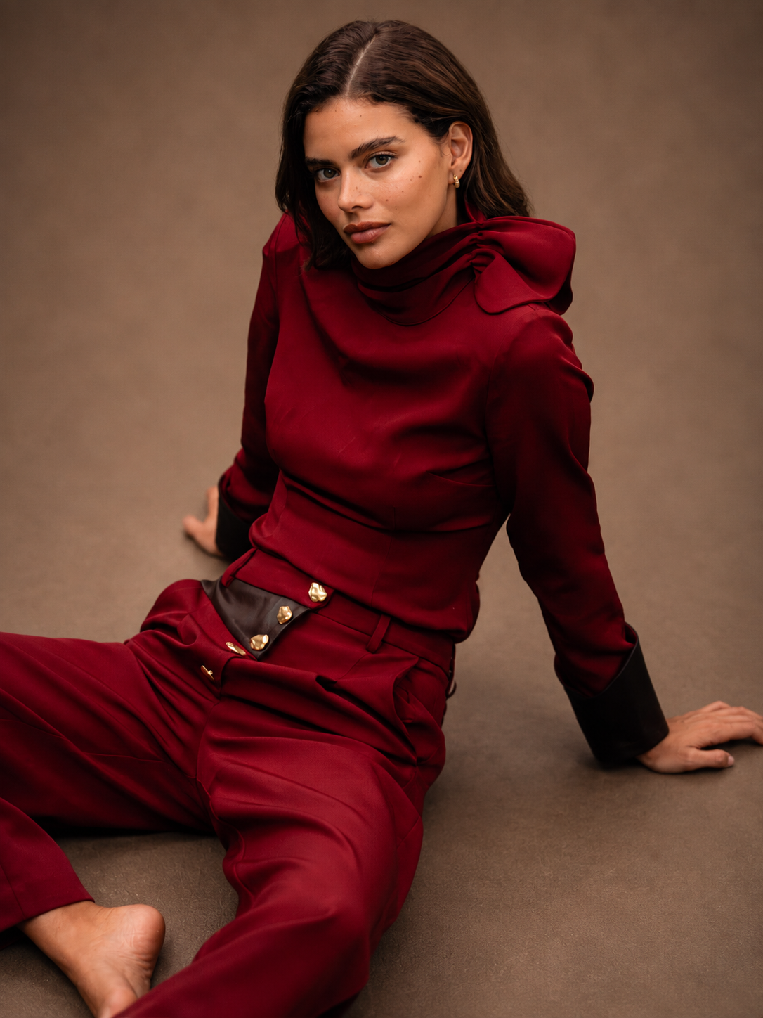 RŪH 04 Leather Top with sculpted high neckline and close-fitting draped bodice