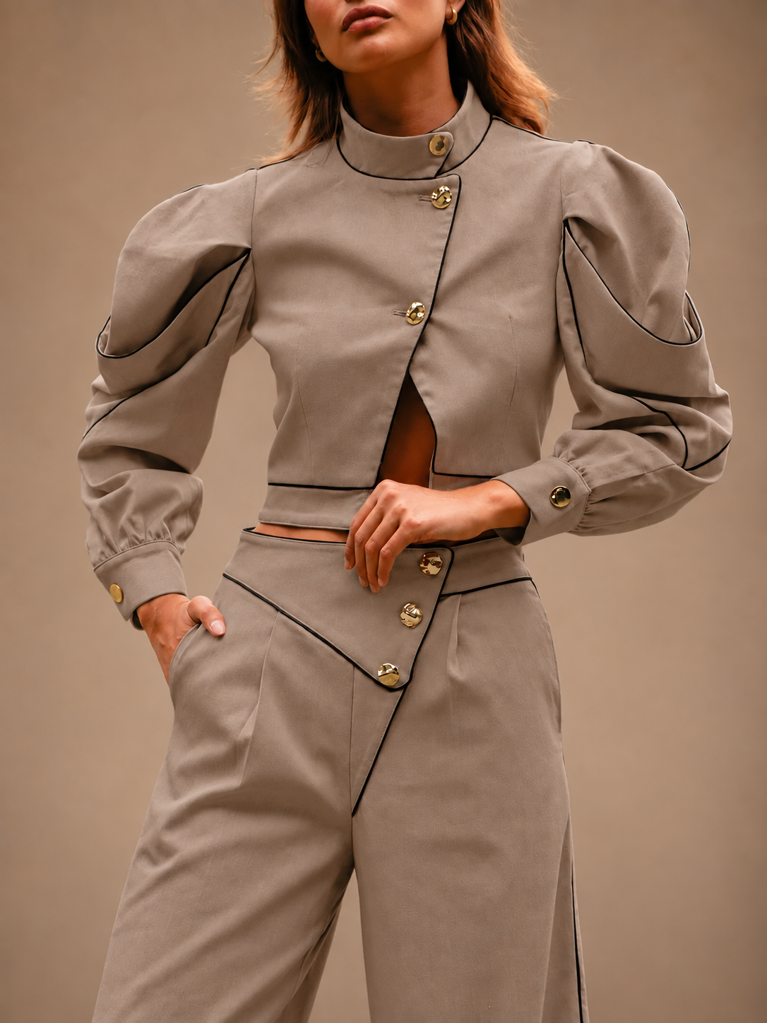 RŪH 02 Asymmetric Trousers in a tailored editorial portrait
